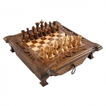 Деревянные резные шахматы в ларце с ящиками
