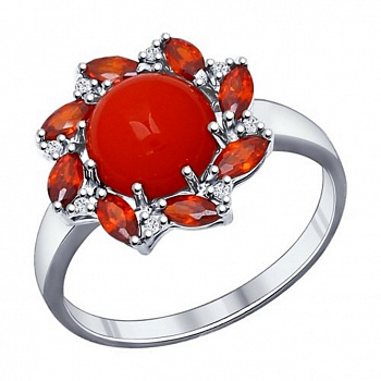 Серебряное кольцо «Цветок» с кораллом и красными фианитами