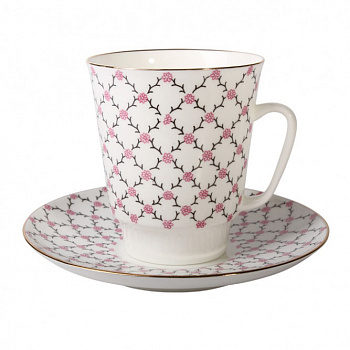 Фарфоровая кофейная чашка с блюдцем «Розовая сетка»